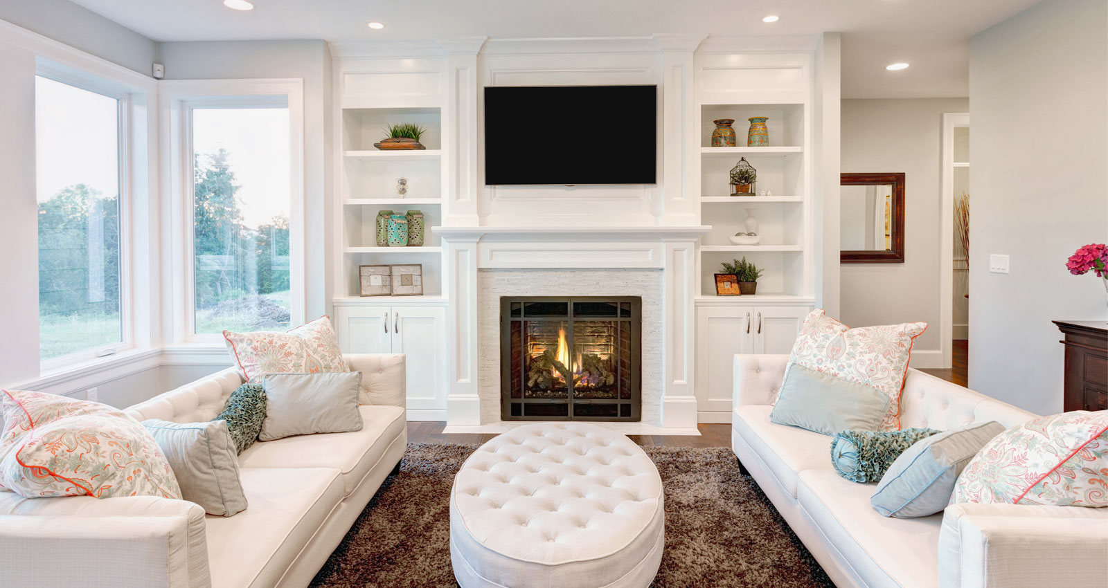 White-painted living room with fireplace